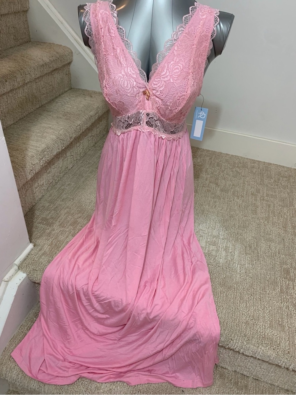 Delicate Pink Lace-Trim Chemise Nightgown